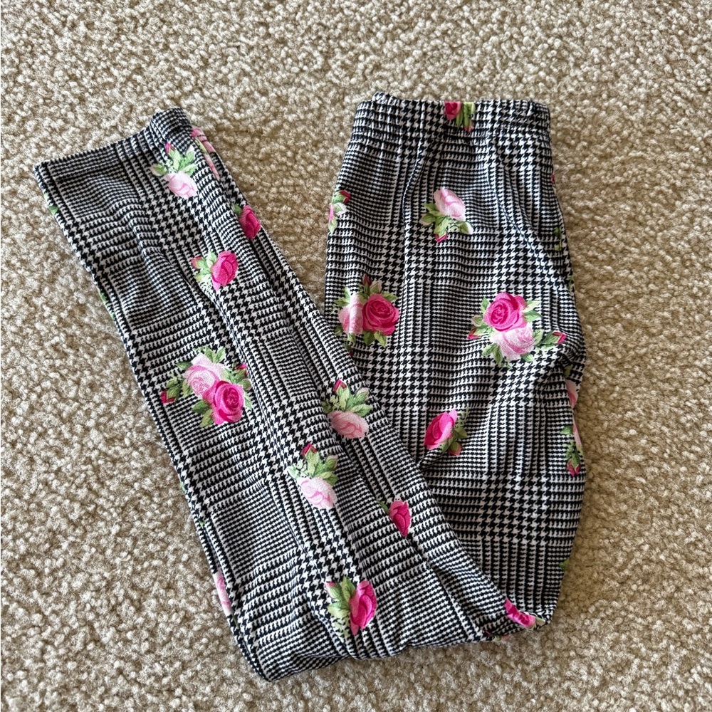 Crush Floral Black and White Plaid Girls Soft Leggings